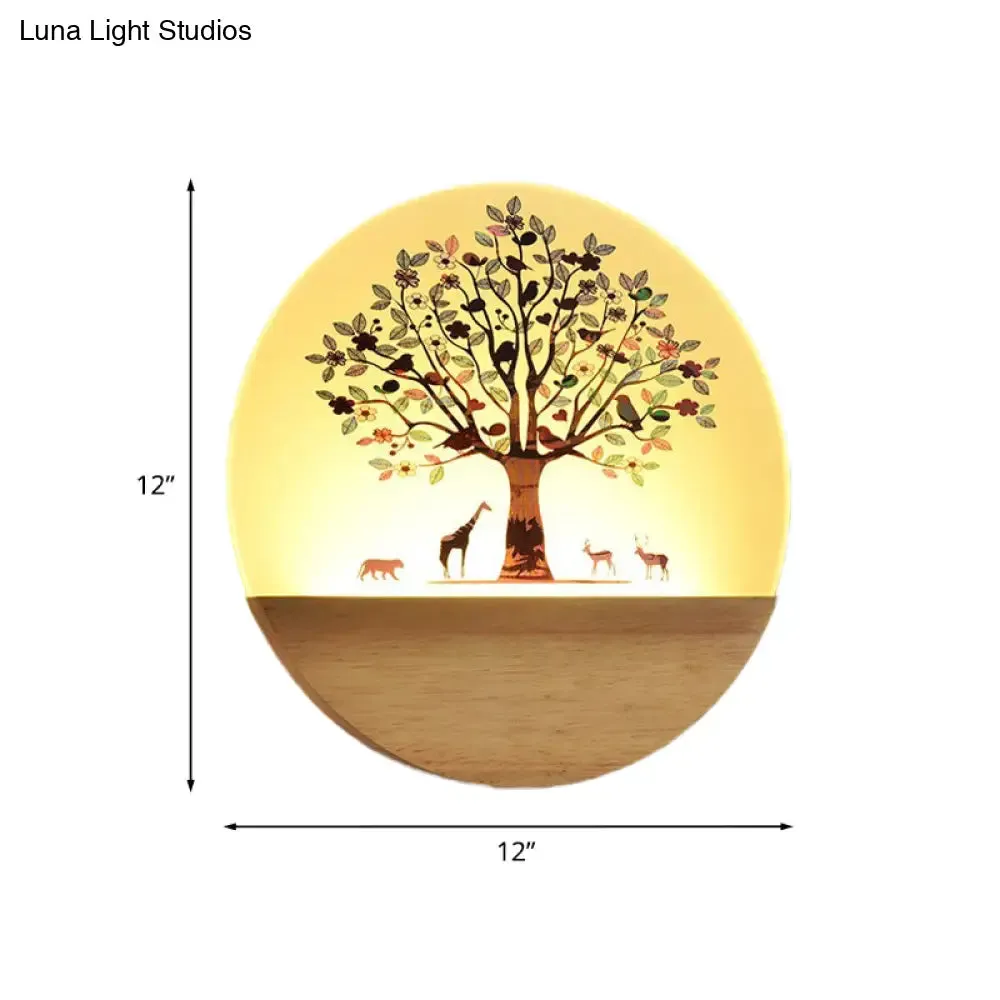Nordic LED Wall Light with Wood Tree and Animal/Flowering Tree Print Design, Acrylic Shade Included
