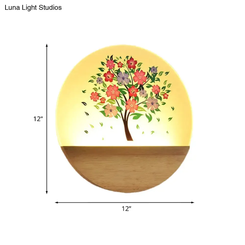 Nordic LED Wall Light with Wood Tree and Animal/Flowering Tree Print Design, Acrylic Shade Included