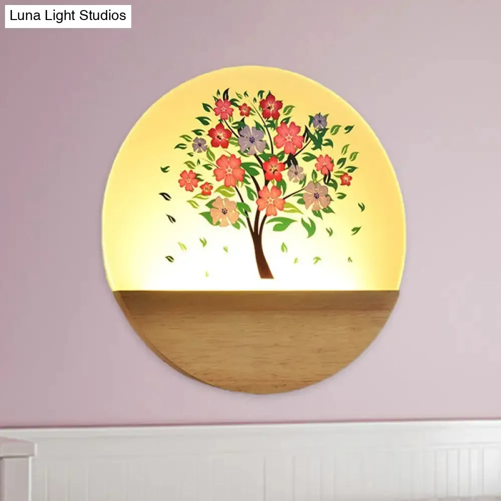 Nordic LED Wall Light with Wood Tree and Animal/Flowering Tree Print Design, Acrylic Shade Included