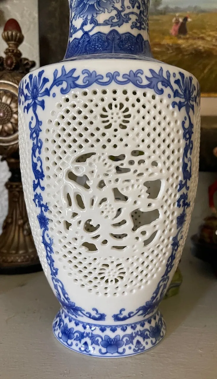 Pair of Tall Blue & White Garniture Open Filigree Work Chinoiserie Vases