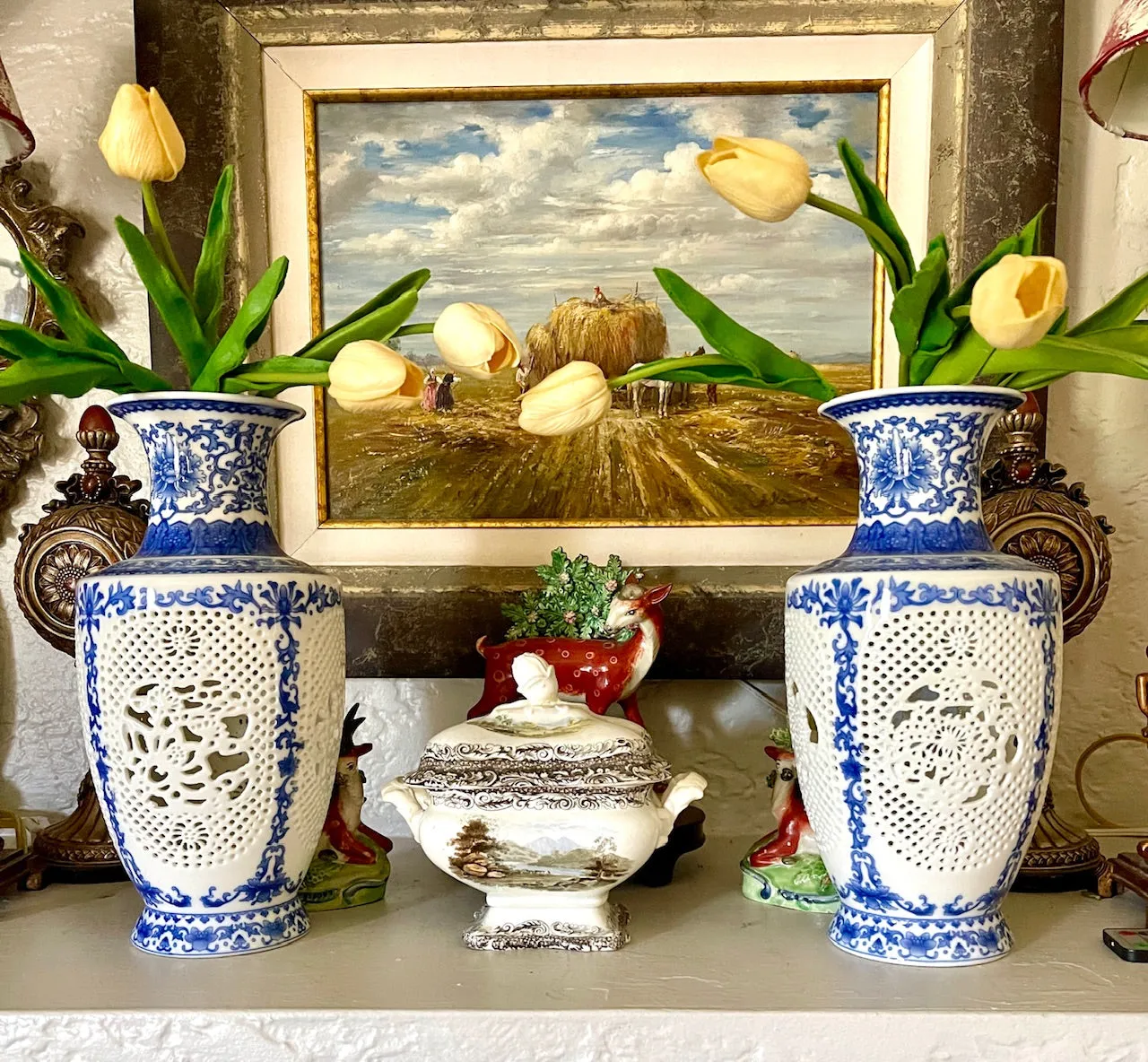 Pair of Tall Blue & White Garniture Open Filigree Work Chinoiserie Vases