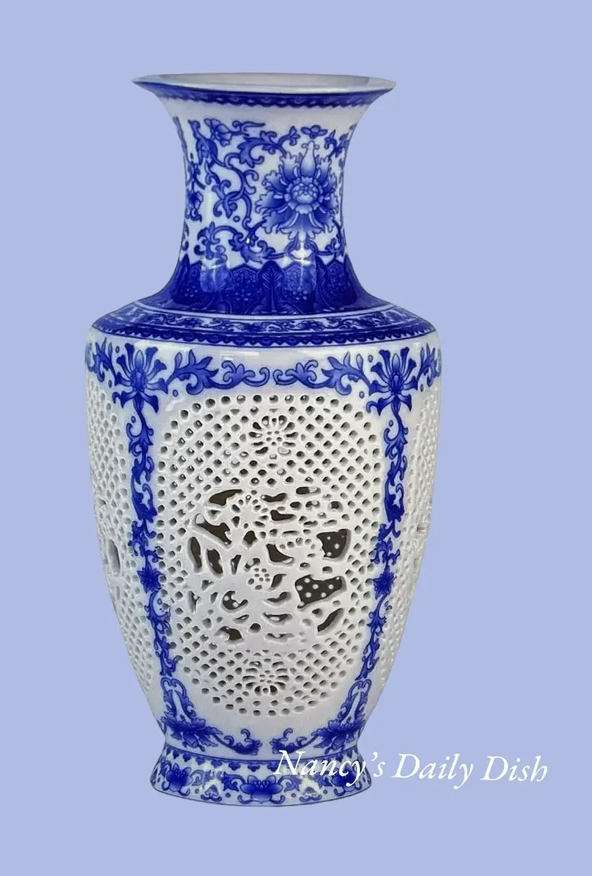 Pair of Tall Blue & White Garniture Open Filigree Work Chinoiserie Vases