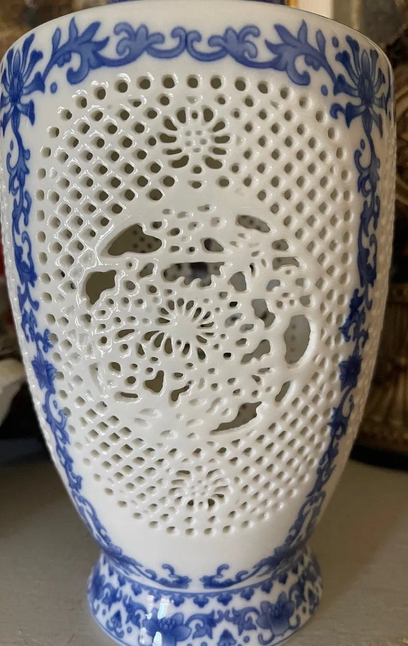 Pair of Tall Blue & White Garniture Open Filigree Work Chinoiserie Vases