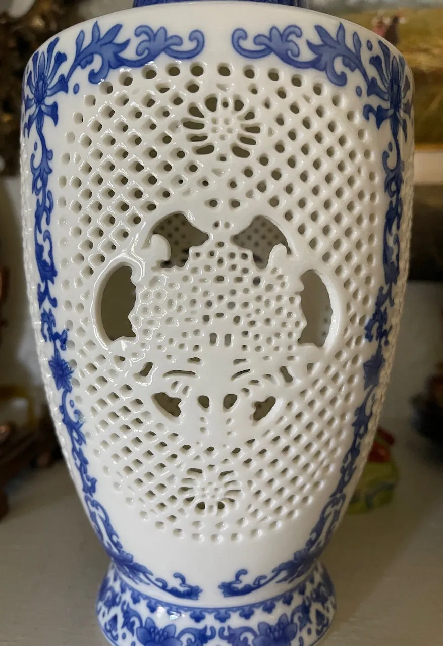 Pair of Tall Blue & White Garniture Open Filigree Work Chinoiserie Vases