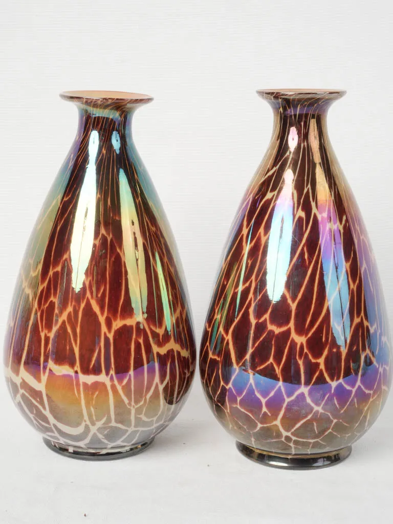 Pair of Vintage Glass Vases w/ Iridescent Animal Print Pattern 11¾"