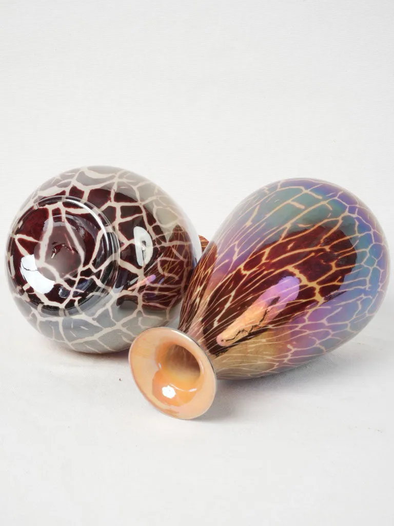 Pair of Vintage Glass Vases w/ Iridescent Animal Print Pattern 11¾"