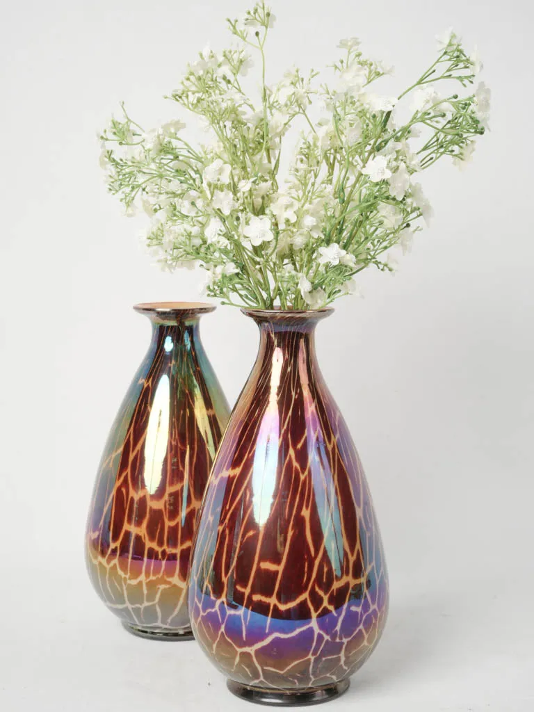 Pair of Vintage Glass Vases w/ Iridescent Animal Print Pattern 11¾"