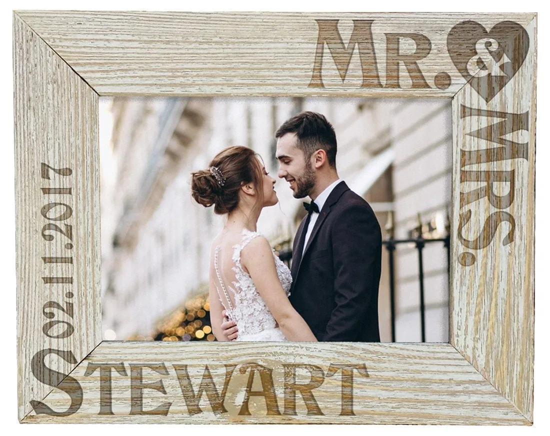 Personalized Mr & Mrs Picture Frame Wedding Gift for Newlywed Couple Custom Engraved Rustic Wood Frame Personalized with Last Name  Date