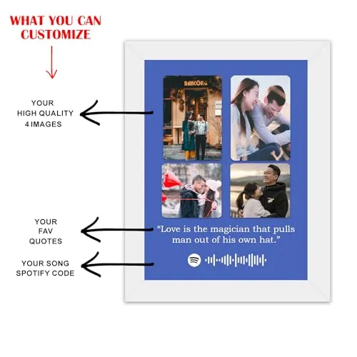 Pic 'n' Pair Personalized Wall Spotify Photo Frame With Customizable Spotify Song & Photo of Your Choice for Wedding, Birthday, and Couple Gifts White Frame, 6×8 Inches (Flat Blue)