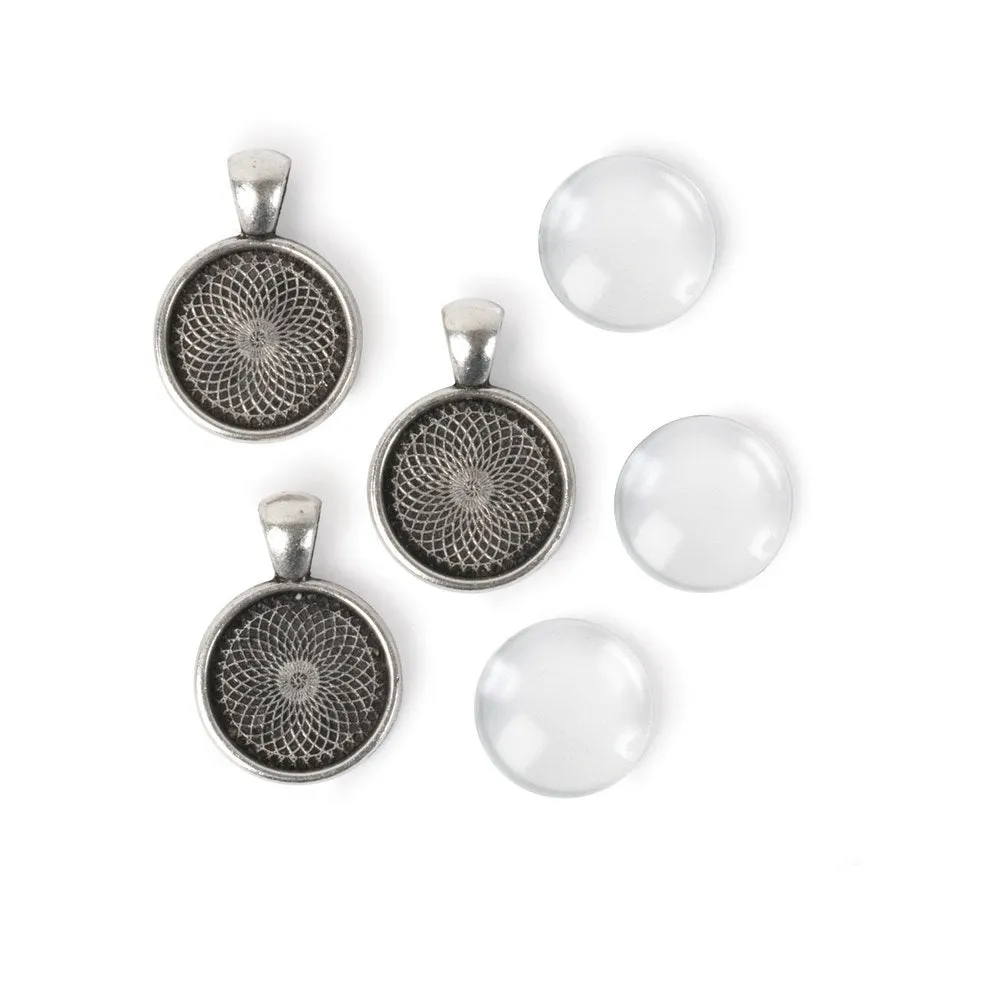 Picture Frame Pendants - Round, Antiqued Silvertone, for 18 mm Pictures - Set of Three