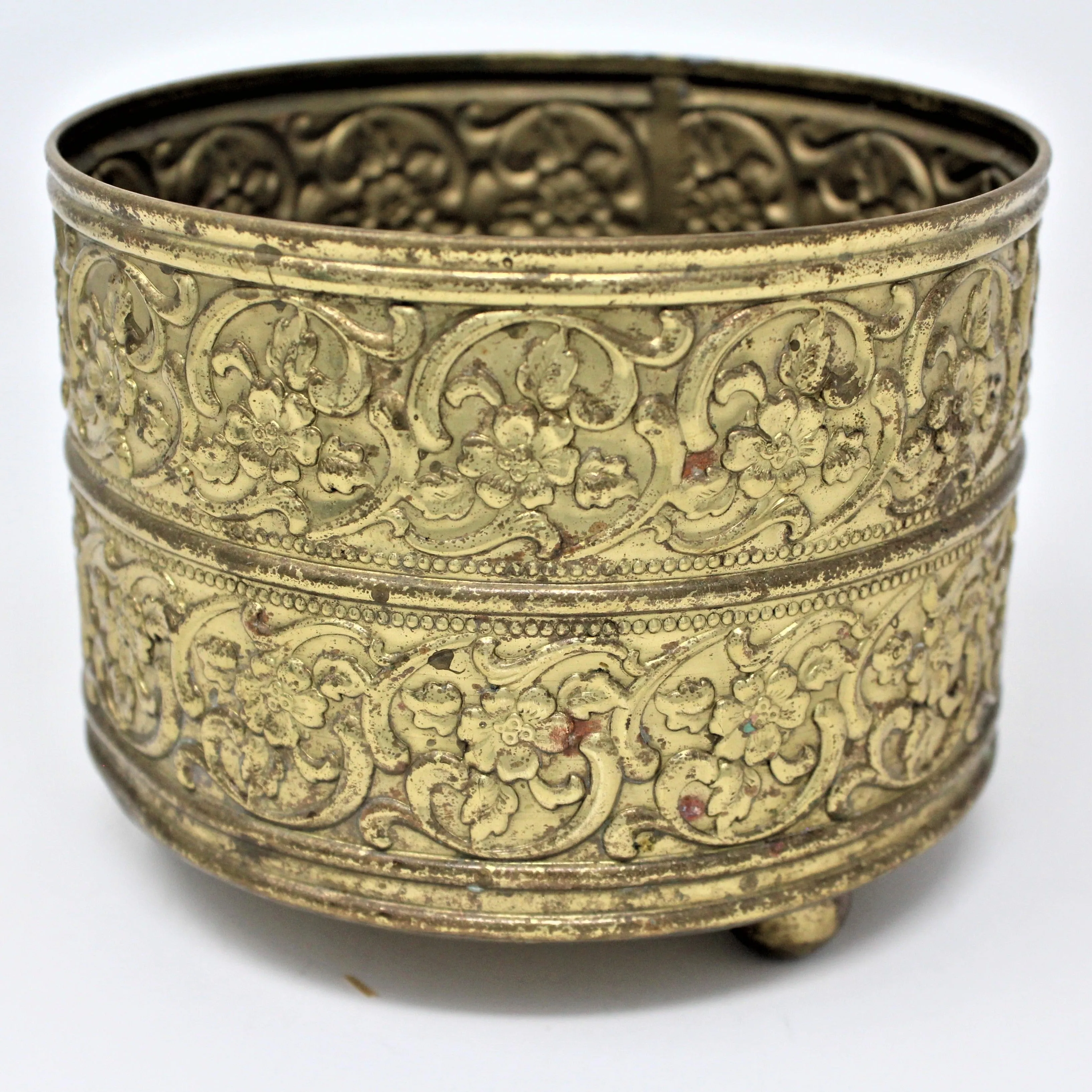Planter / Vase,  Brass Cachet Pot, Embossed Blossoms, Metal, Vintage
