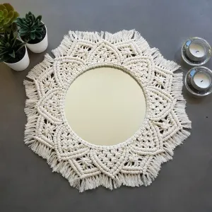PR HAND WORKS Macrame Hanging Wall Mirror with Macrame Round Mirror Art Boho Decor Macrame Decorative Mirror (Mirror, (19 INCH))