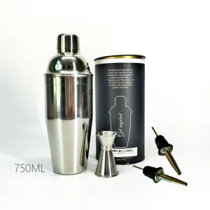 Premium 4 Pieces Bar set:  750ml stainless steel cocktail shaker, 15-30ml Double End Jigger, 2 Pourers, High grade barware