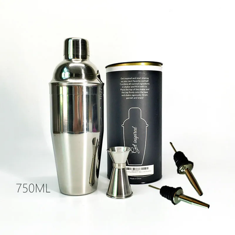 Premium 4 Pieces Bar set:  750ml stainless steel cocktail shaker, 15-30ml Double End Jigger, 2 Pourers, High grade barware