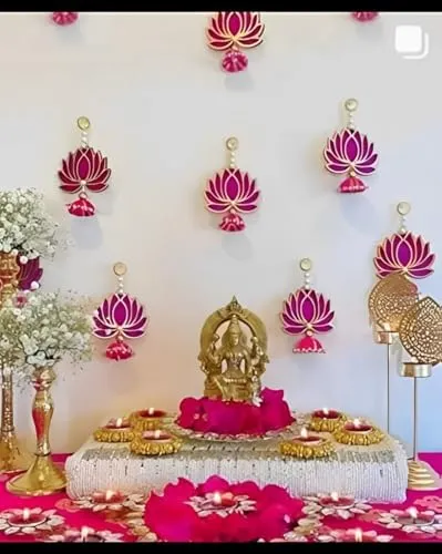 Priyashyam Traders Handmade Wall Decor Lotus with Jhumki Style Hanging for Home Decor, Diwali Decor, Wedding, Festival Decoration Pink Lotus Wall Hangings for Temple, Pooja Pack of 5 Pcs