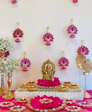Priyashyam Traders Handmade Wall Decor Lotus with Jhumki Style Hanging for Home Decor, Diwali Decor, Wedding, Festival Decoration Pink Lotus Wall Hangings for Temple, Pooja Pack of 5 Pcs
