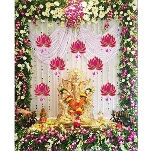Priyashyam Traders Handmade Wall Decor Lotus with Jhumki Style Hanging for Home Decor, Diwali Decor, Wedding, Festival Decoration Pink Lotus Wall Hangings for Temple, Pooja Pack of 5 Pcs