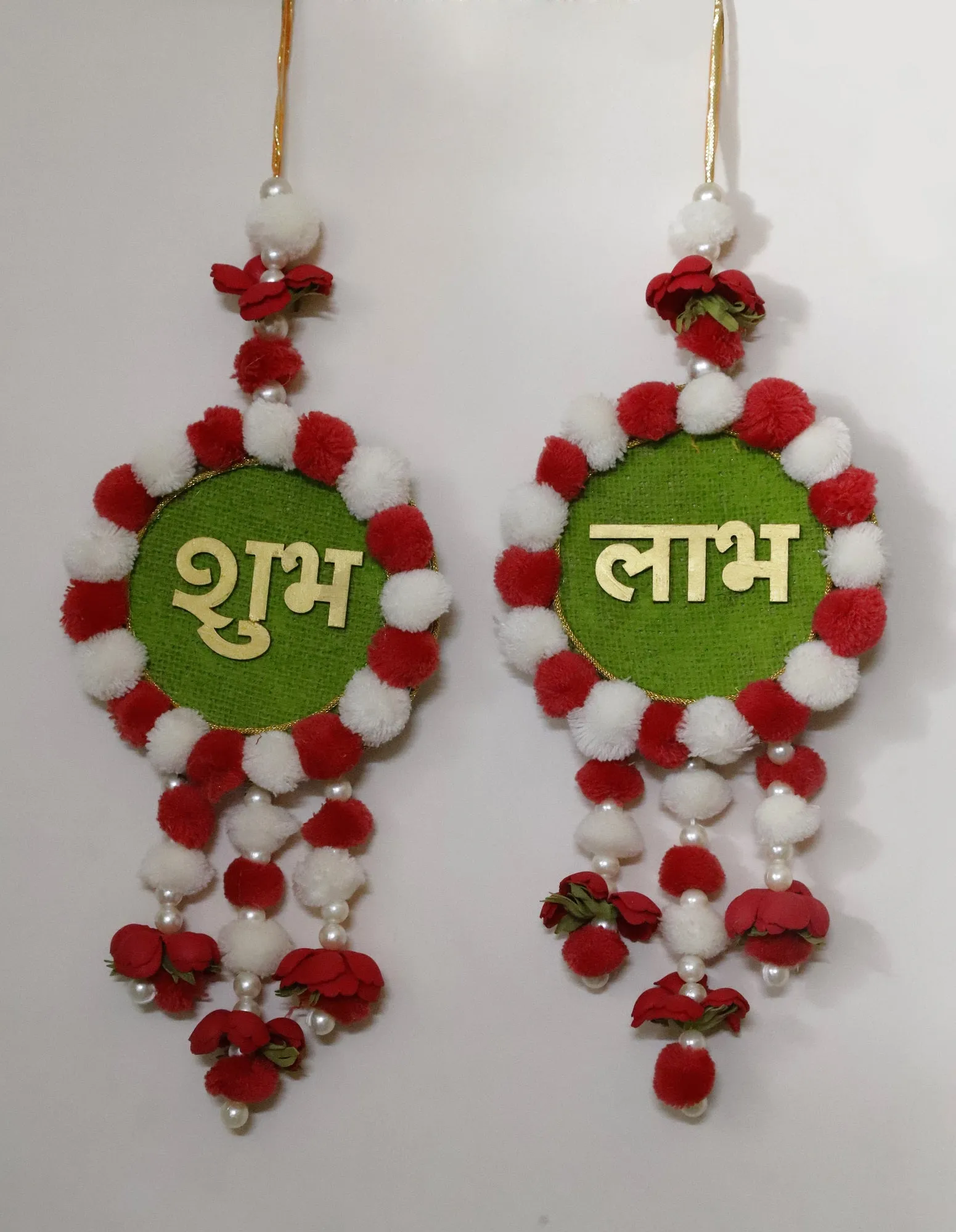 Red & White Handmade Shubh Labh Hanging Pair (Set of 2)