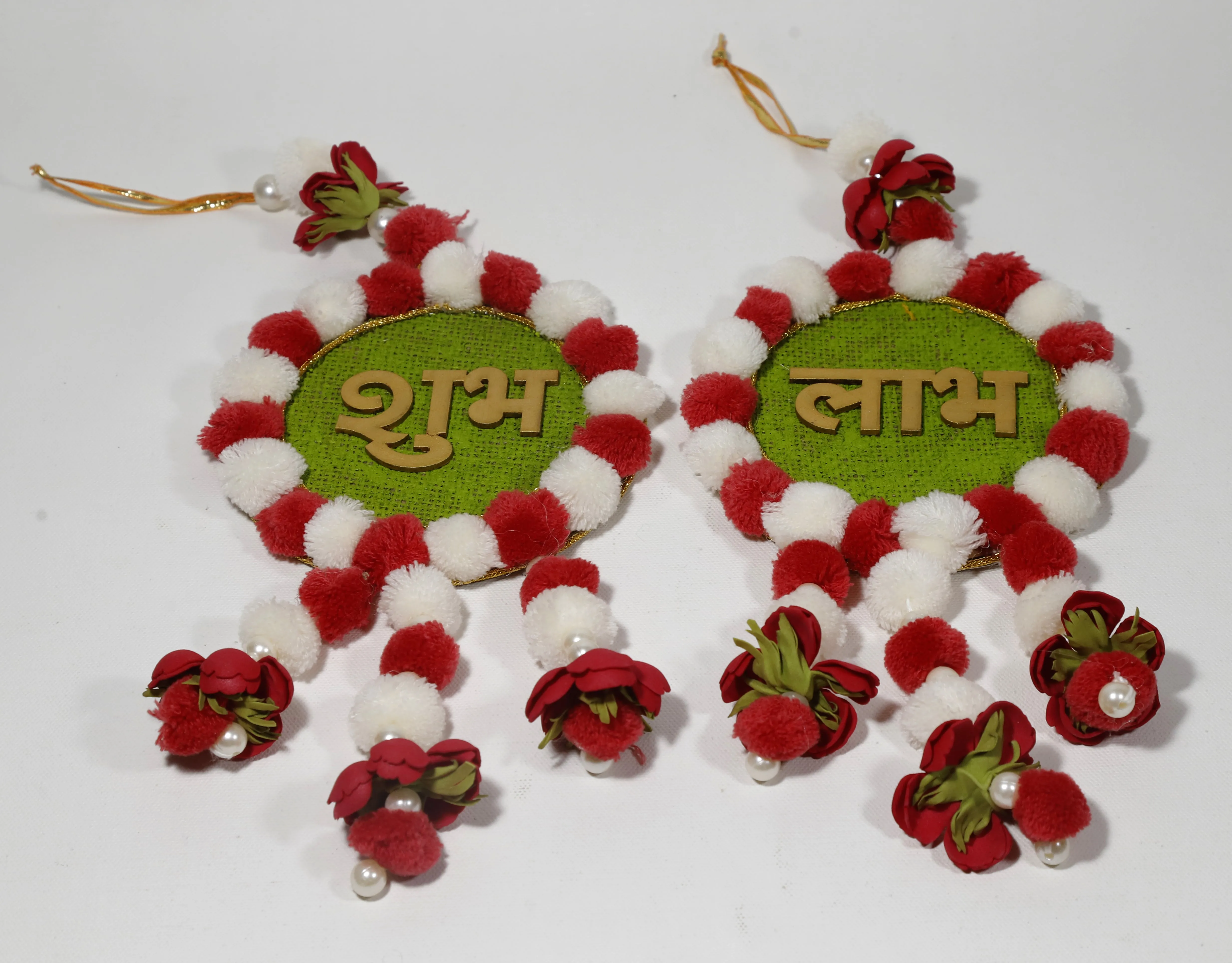 Red & White Handmade Shubh Labh Hanging Pair (Set of 2)