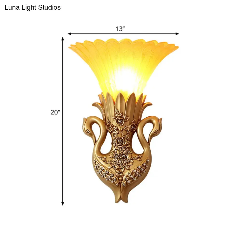 Rustic Bell Wall Mounted Light - Yellow Glass and Resin Wall Lamp with Gold/White Swan Backplate