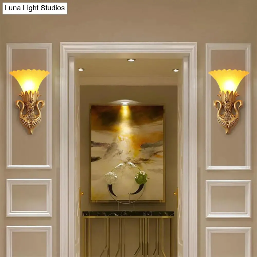 Rustic Bell Wall Mounted Light - Yellow Glass and Resin Wall Lamp with Gold/White Swan Backplate