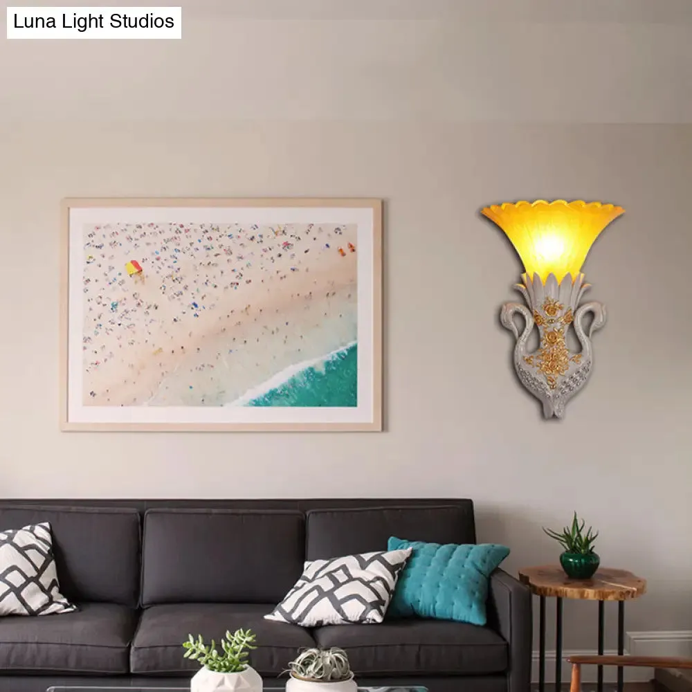 Rustic Bell Wall Mounted Light - Yellow Glass and Resin Wall Lamp with Gold/White Swan Backplate