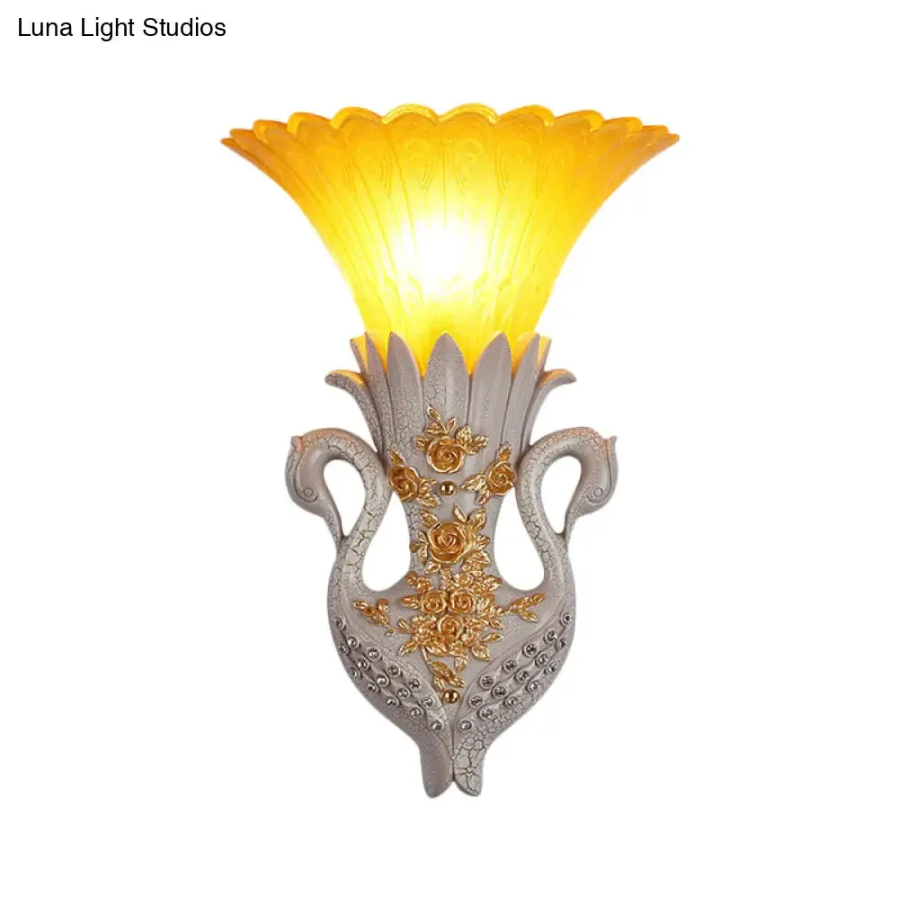 Rustic Bell Wall Mounted Light - Yellow Glass and Resin Wall Lamp with Gold/White Swan Backplate