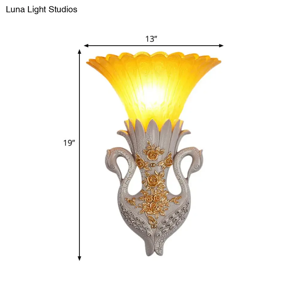 Rustic Bell Wall Mounted Light - Yellow Glass and Resin Wall Lamp with Gold/White Swan Backplate