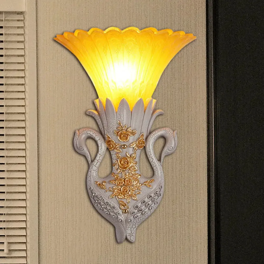 Rustic Bell Wall Mounted Light - Yellow Glass and Resin Wall Lamp with Gold/White Swan Backplate