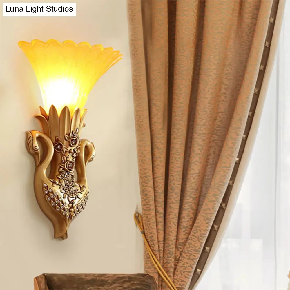 Rustic Bell Wall Mounted Light - Yellow Glass and Resin Wall Lamp with Gold/White Swan Backplate