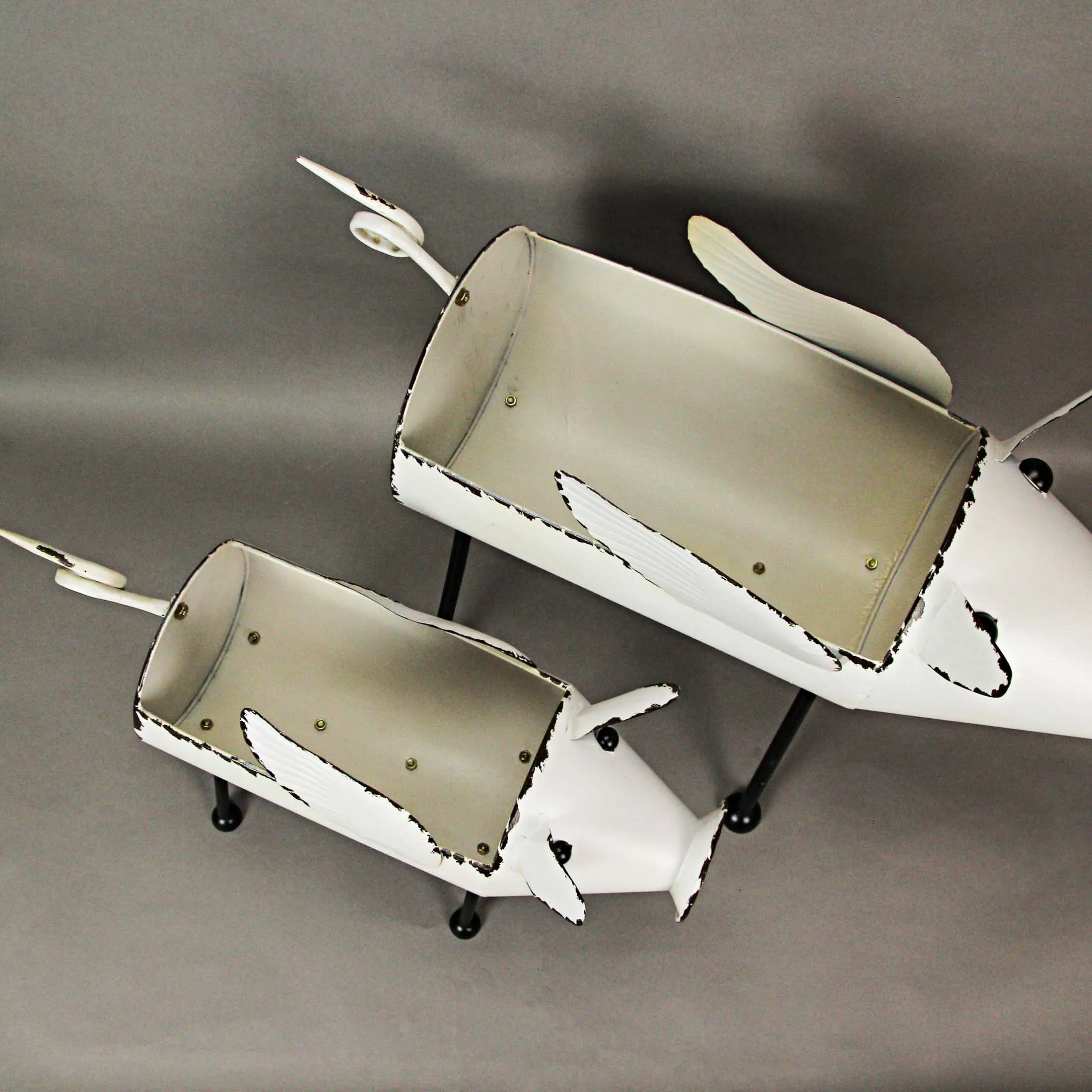 Rustic White Flying Pig Standing Metal Planters SET