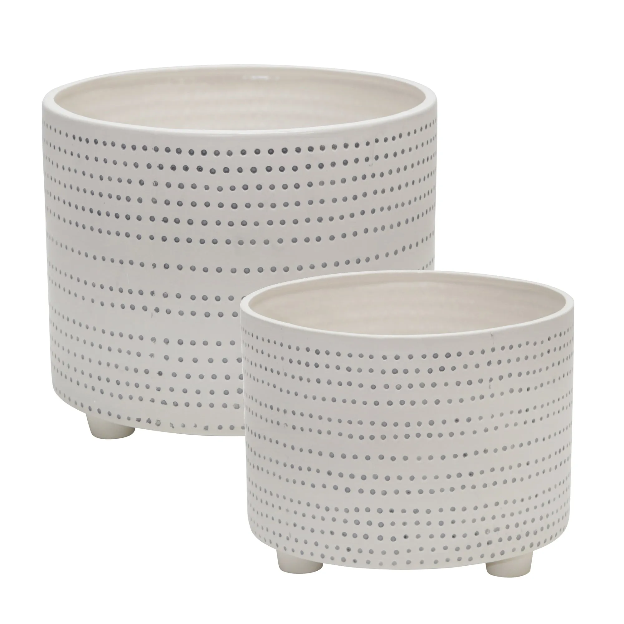 S/2 Ceramic Footed Planter W/ Dots 10/12", Ivory