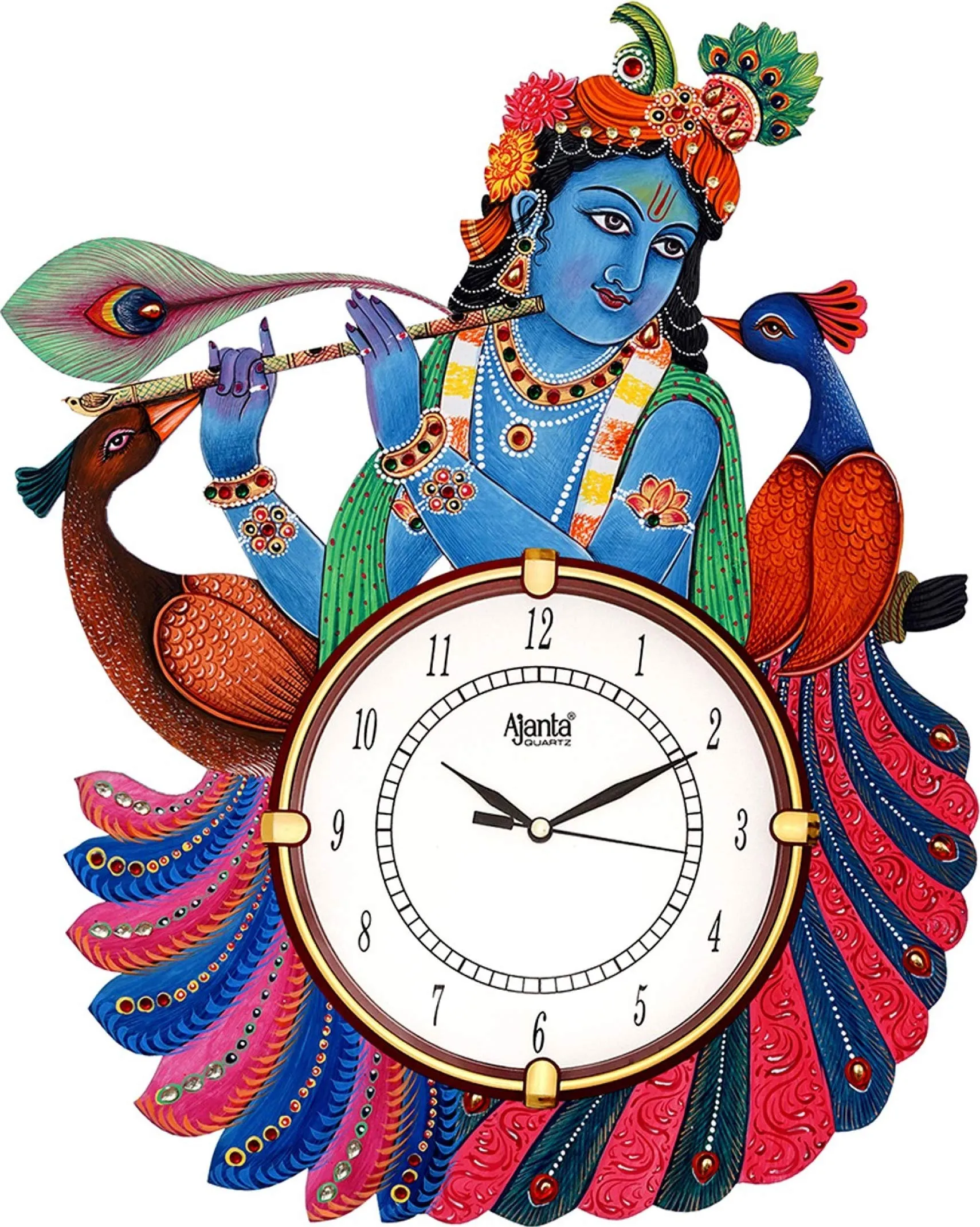 Shashank Wooden Handpainted Ajanta Peacock Wall Clock (Multicolor) - Analog, 13 Inch, 13 Mm