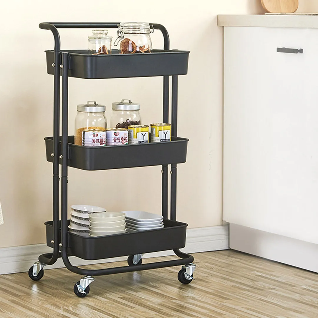 SOGA 3 Tier Steel Black Movable Kitchen Cart Multi-Functional Shelves Portable Storage Organizer with Wheels