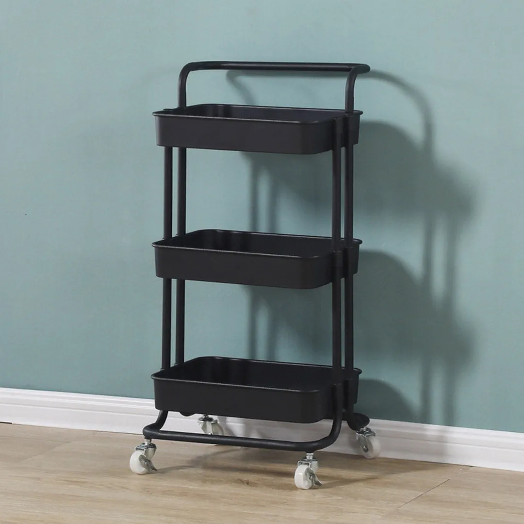 SOGA 3 Tier Steel Black Movable Kitchen Cart Multi-Functional Shelves Portable Storage Organizer with Wheels