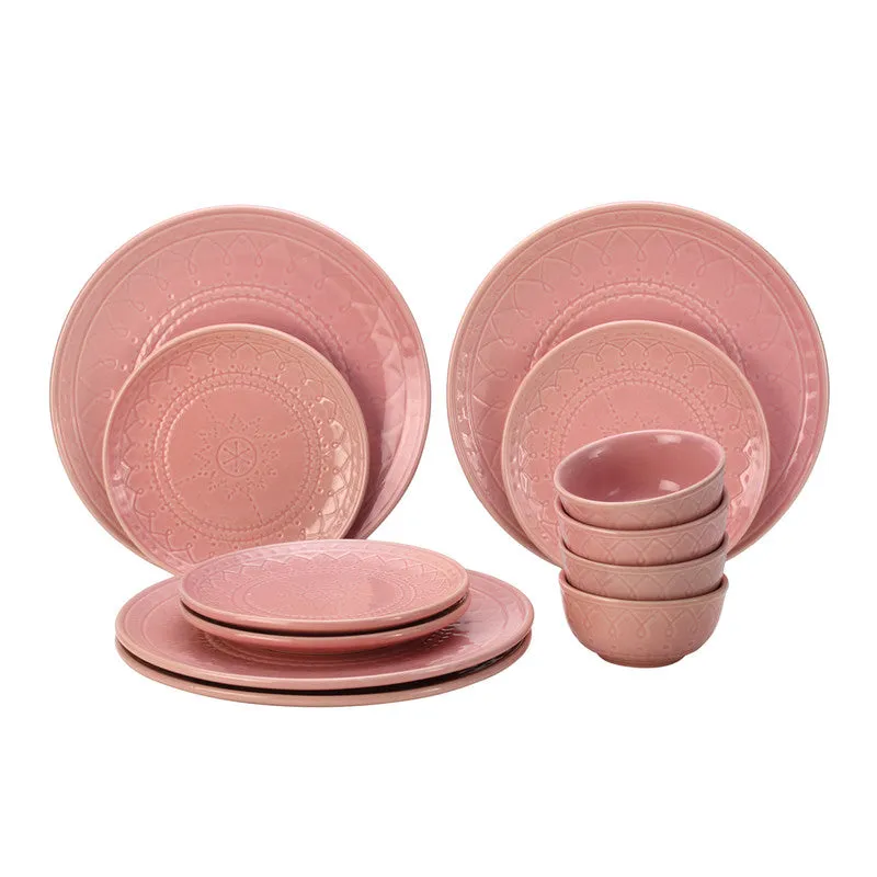 Stoneware Ceramic Dinner Set | 4 Dinner Plates, 4 Small Plates & 4 Bowls | Light Pink | Set of 12