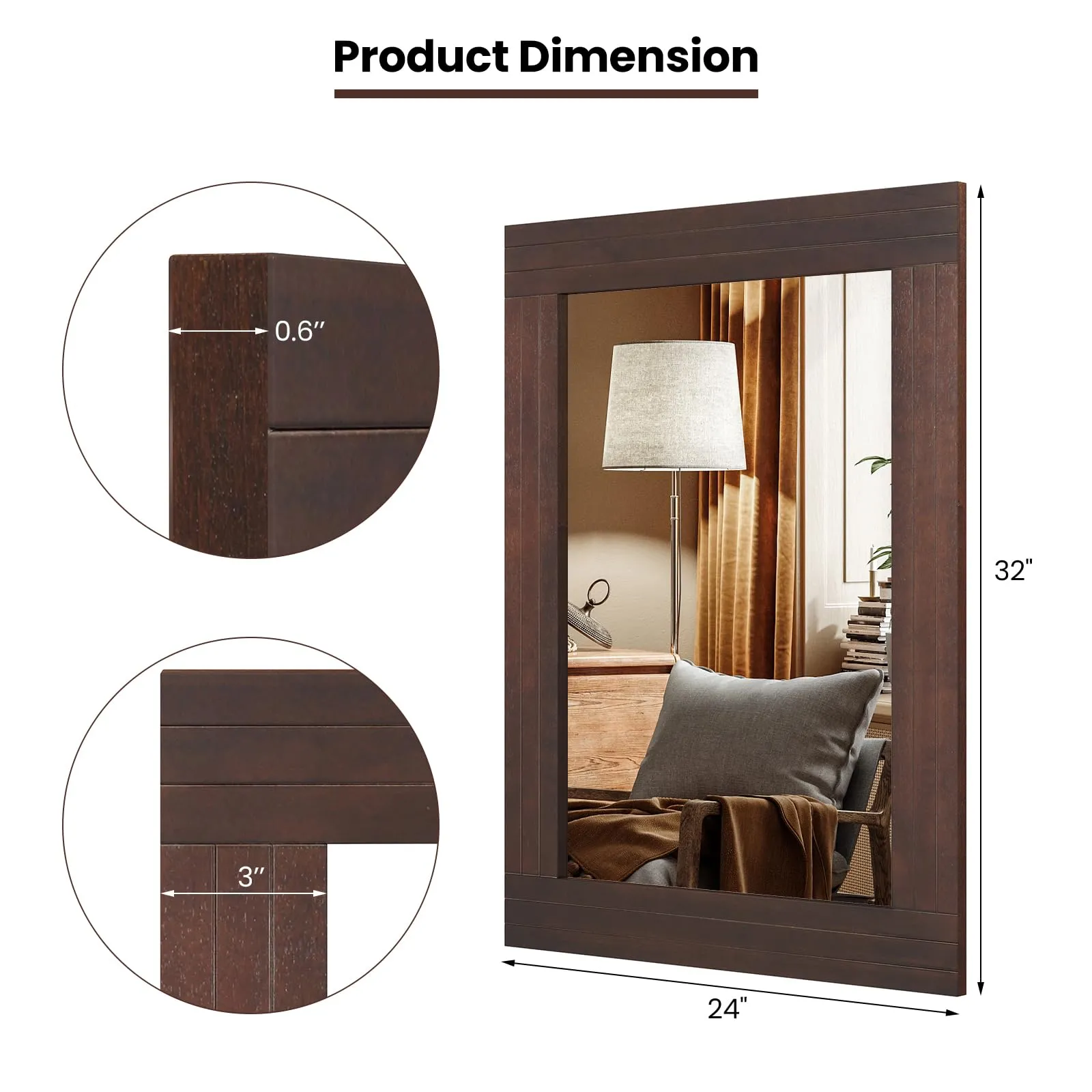 Tangkula 24" x 32" Wood Mirror for Wall, Wall Mounted Rectangular Decorative Mirror for Bathroom Living Room
