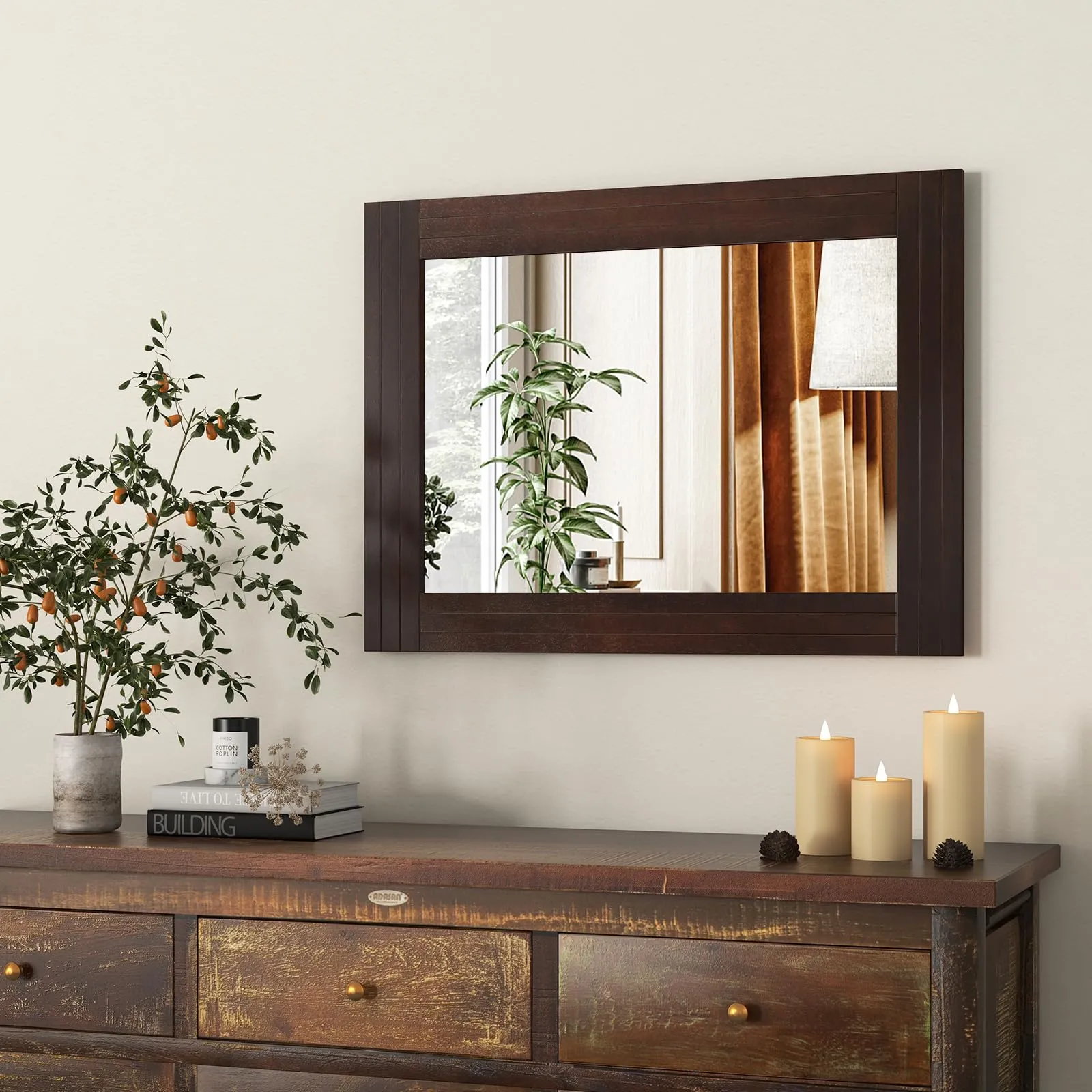 Tangkula 24" x 32" Wood Mirror for Wall, Wall Mounted Rectangular Decorative Mirror for Bathroom Living Room