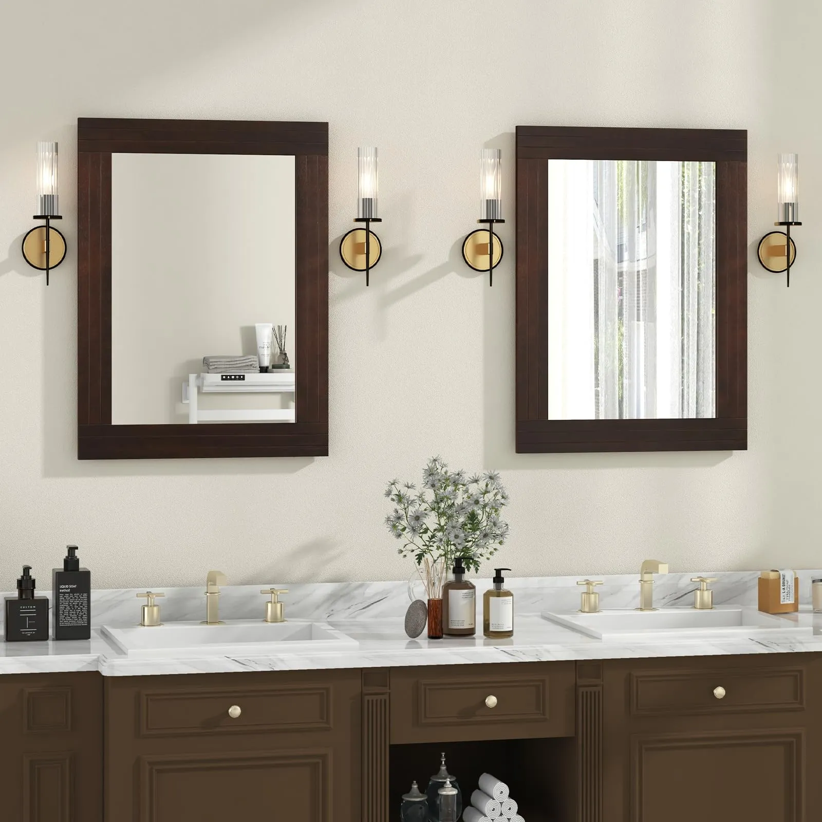 Tangkula 24" x 32" Wood Mirror for Wall, Wall Mounted Rectangular Decorative Mirror for Bathroom Living Room