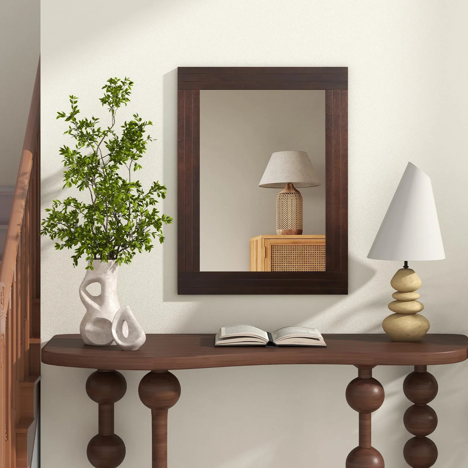 Tangkula 24" x 32" Wood Mirror for Wall, Wall Mounted Rectangular Decorative Mirror for Bathroom Living Room