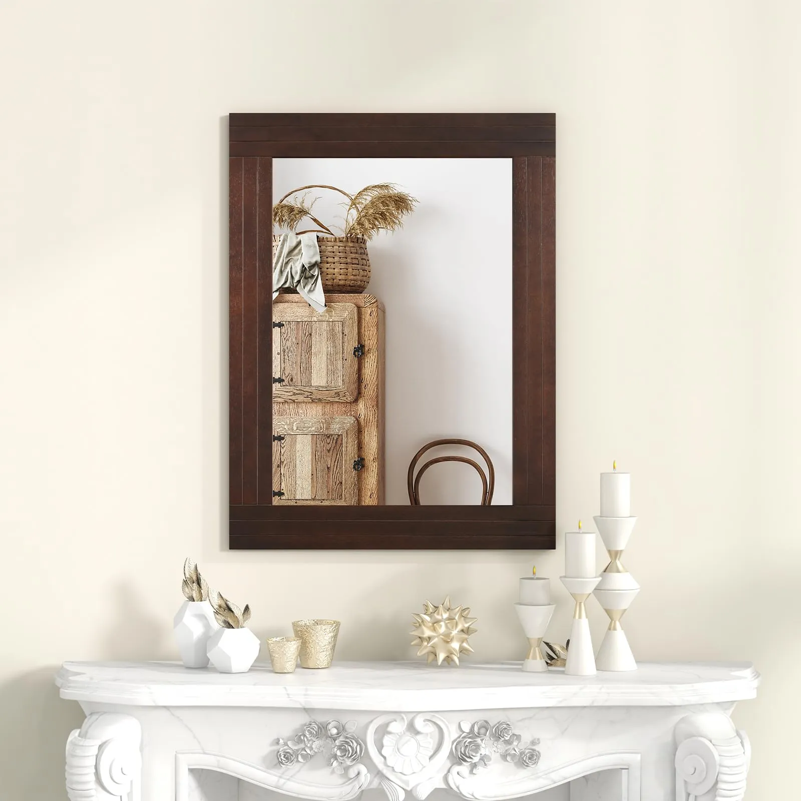 Tangkula 24" x 32" Wood Mirror for Wall, Wall Mounted Rectangular Decorative Mirror for Bathroom Living Room
