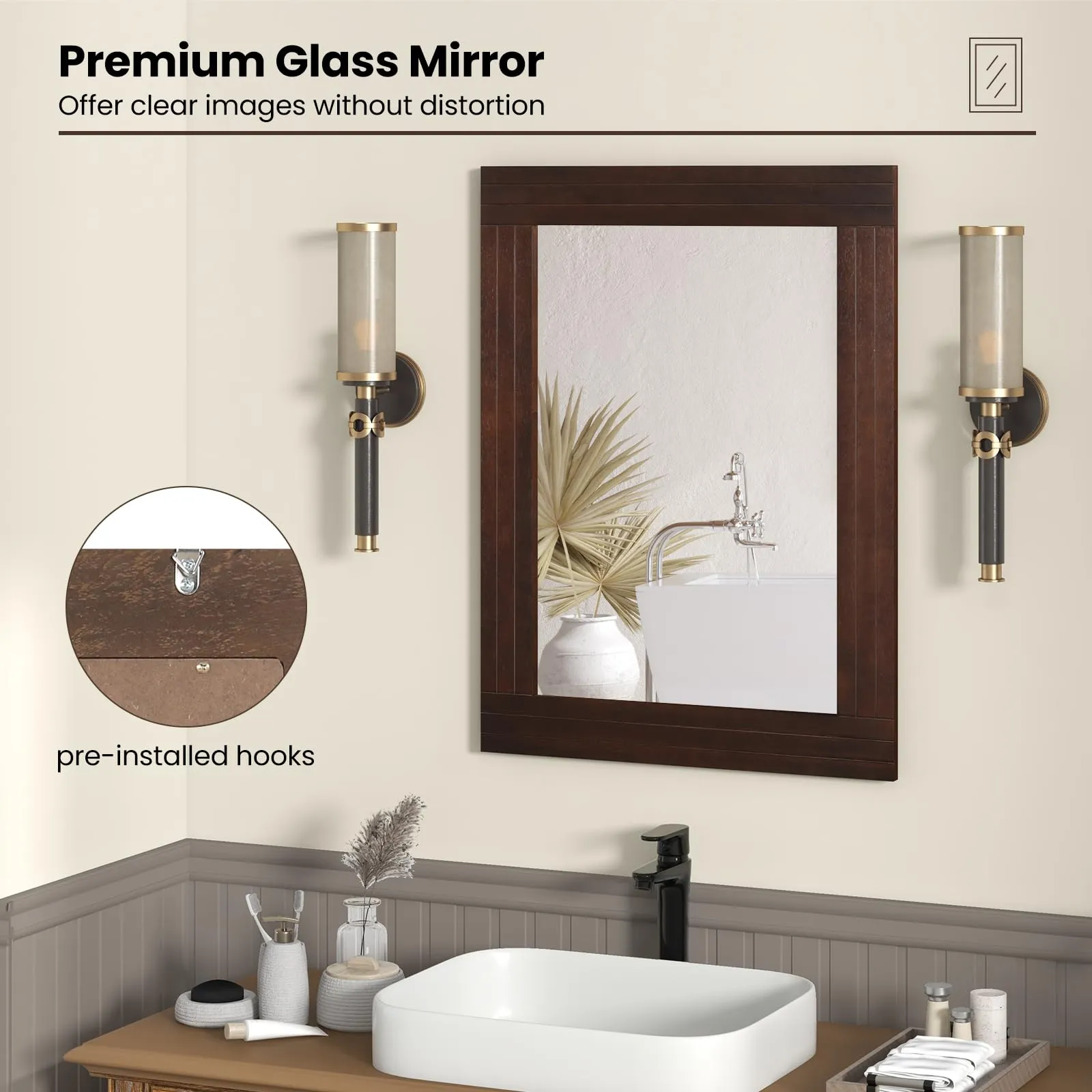 Tangkula 24" x 32" Wood Mirror for Wall, Wall Mounted Rectangular Decorative Mirror for Bathroom Living Room