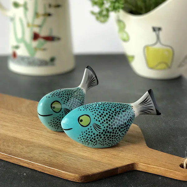 Teal Blue Fish Salt and Pepper Shakers