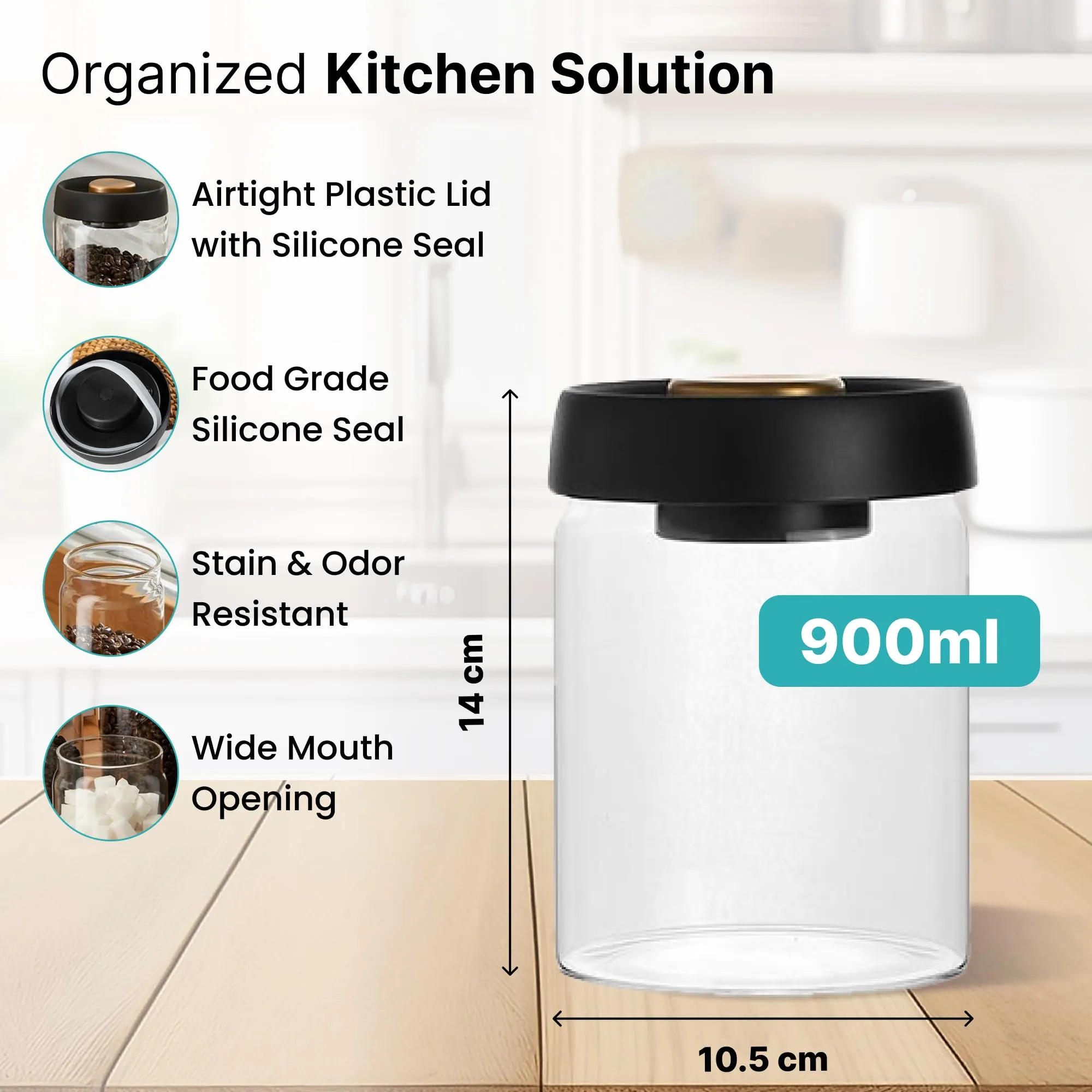 The Better Home Borosilicate Glass Jars for Kitchen Storage with Vacuum Plastic Lids | 900ml | Multipurpose Airtight Jars for Cookies, Snacks, Spices, Dry Fruits, Nuts, Coffee, Sugar | Pack of 4