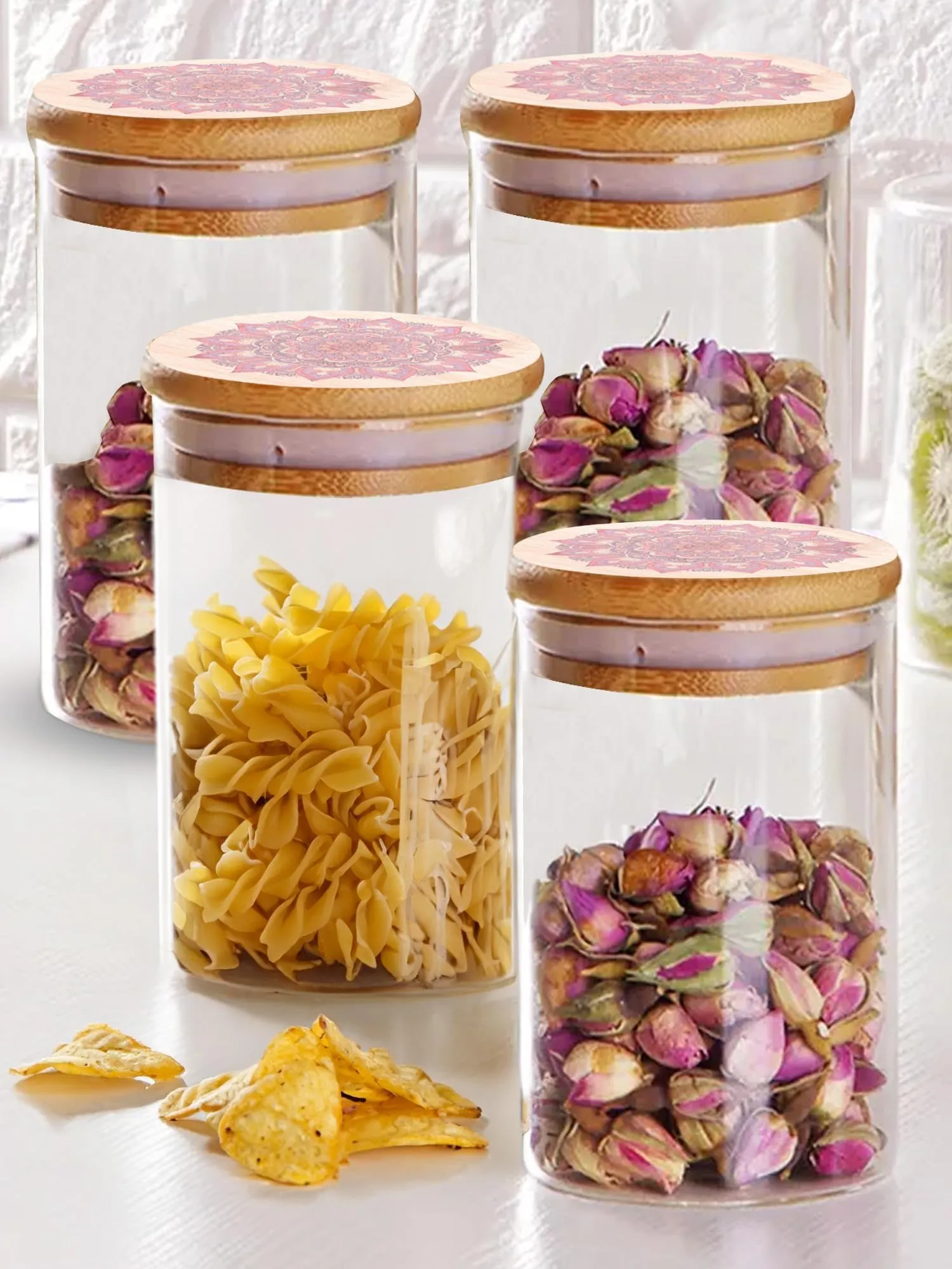 The Better Home Borosilicate Kitchen Containers with Lid (4Pcs - 1L Each) | Jar For Kitchen Storage Box | Glass Jars For Cookies, Snack, Spices, Tea, Coffee | Airtight Jars & Containers Set (Red)