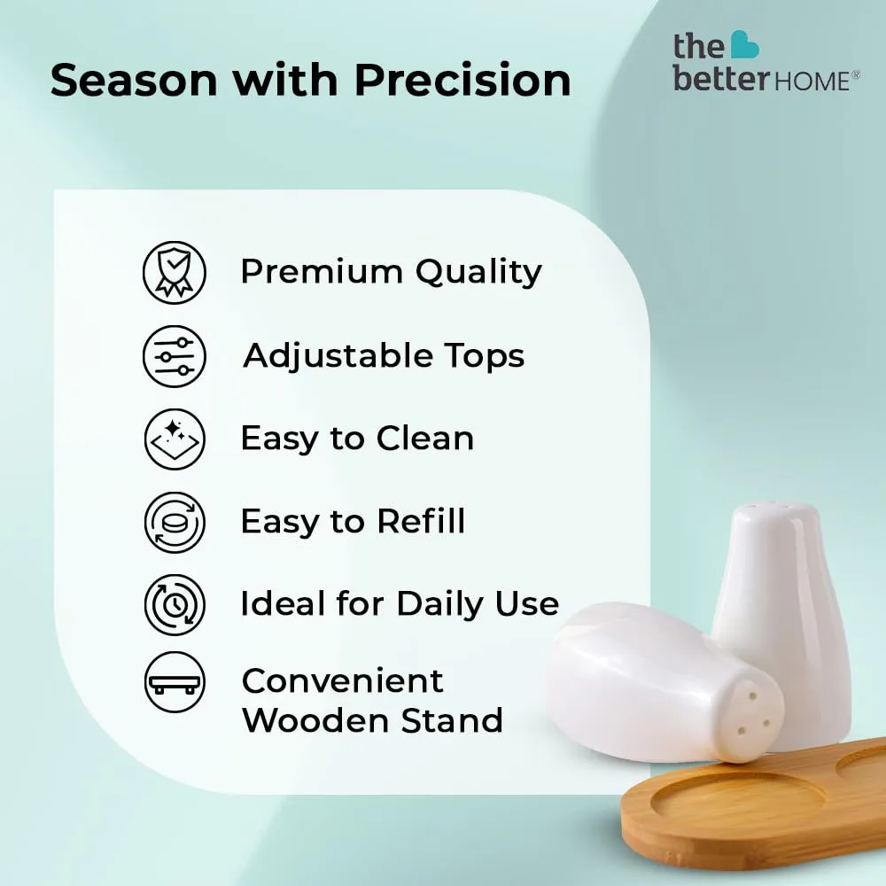 The Better Home Ceramic Salt & Pepper Shaker Set - White | Moisture-Proof Seasoning Shakers with Wooden Tray | Perfect Pour Holes for Kitchen Dining Table Picnic Restaurant (Pack of 6)