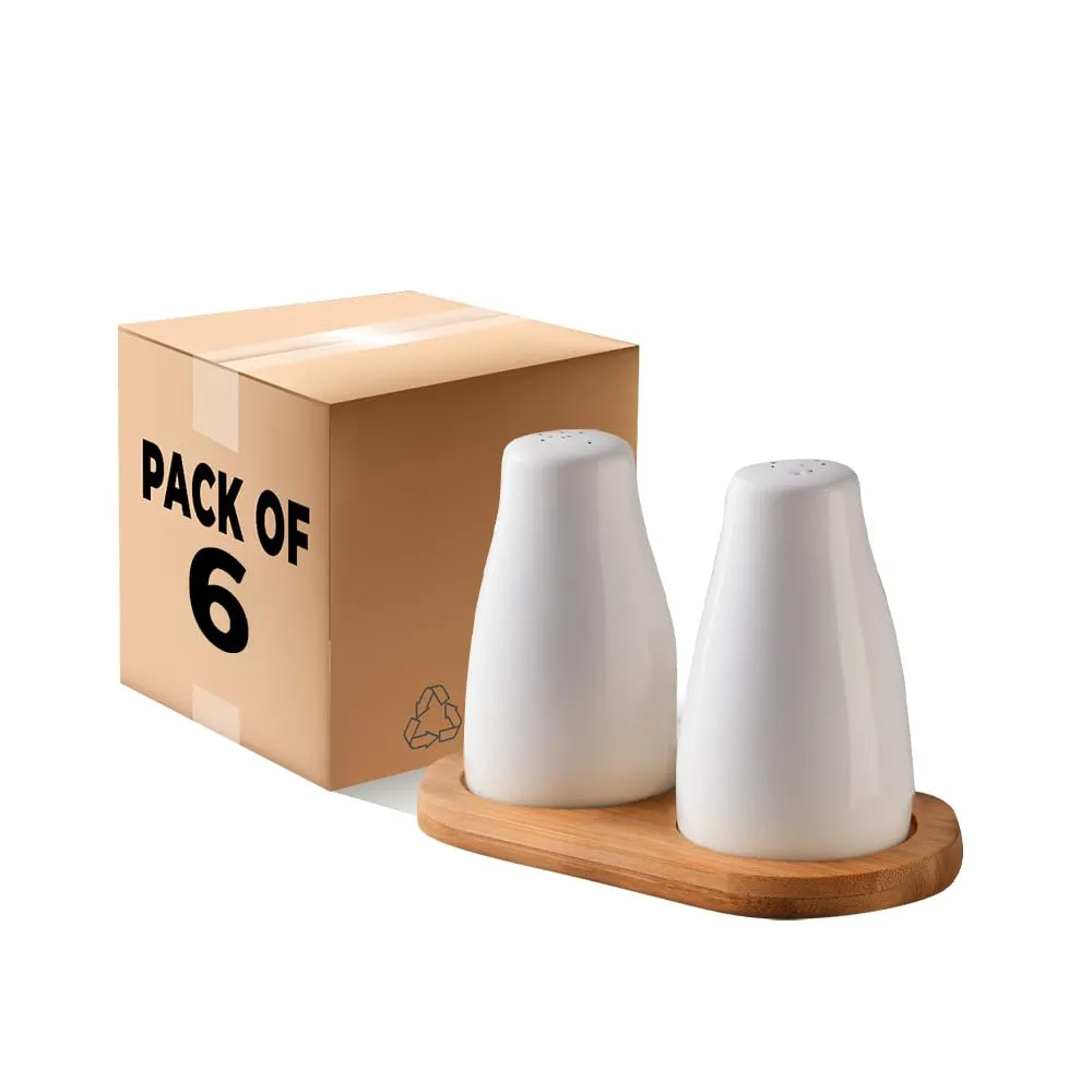 The Better Home Ceramic Salt & Pepper Shaker Set - White | Moisture-Proof Seasoning Shakers with Wooden Tray | Perfect Pour Holes for Kitchen Dining Table Picnic Restaurant (Pack of 6)