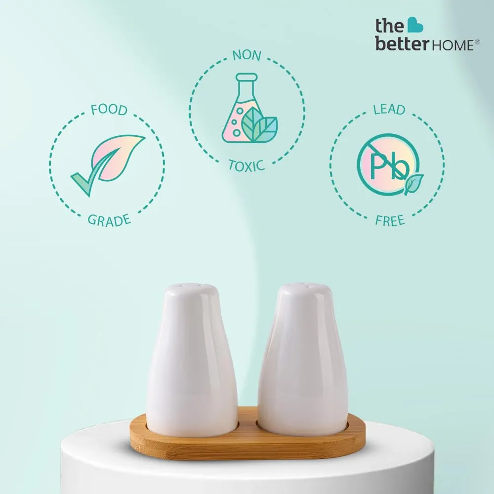 The Better Home Ceramic Salt & Pepper Shakers Set (White - Pack of 5) | Moisture-Proof Seasoning Shakers with Stand | Salt & Pepper Containers | Salt & Pepper Container/Set for Dining Table
