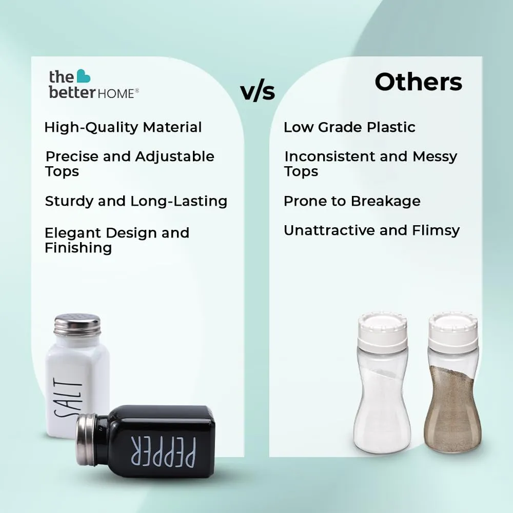 The Better Home Glass Salt & Pepper Shakers- Black and White | Salt & Pepper Dispenser | Moisture-Proof Seasoning Shakers | Perfect Pour Holes for Kitchen Dining Table Restaurant (Pack of 2)