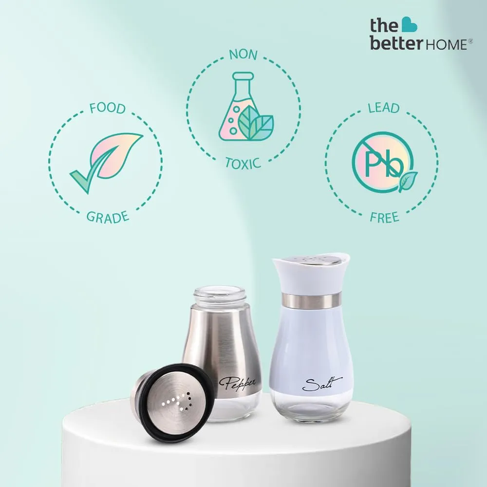 The Better Home Glass Salt and Pepper Shaker Set | Set of 2 | White and Silver | Glass | Salt and Pepper Dispenser Sprinkler Bottle (Pack of 6)